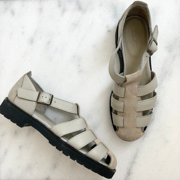 NEW Taft Buckled Cage Leather Mixed Media Fisherman Sandals Shoe Beige Tan 9 - Picture 1 of 8